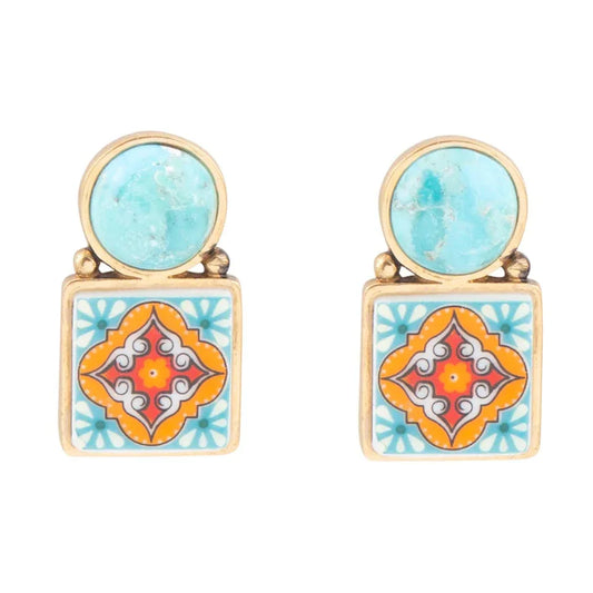 Talavera Tile Blue Turquoise Golden Drop Earrings - Barse Jewelry - Flyclothing LLC