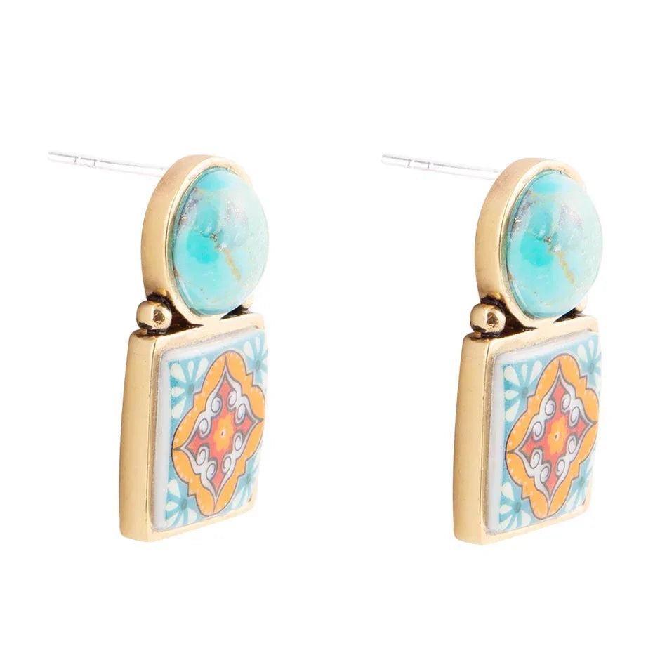 Talavera Tile Blue Turquoise Golden Drop Earrings - Barse Jewelry - Flyclothing LLC