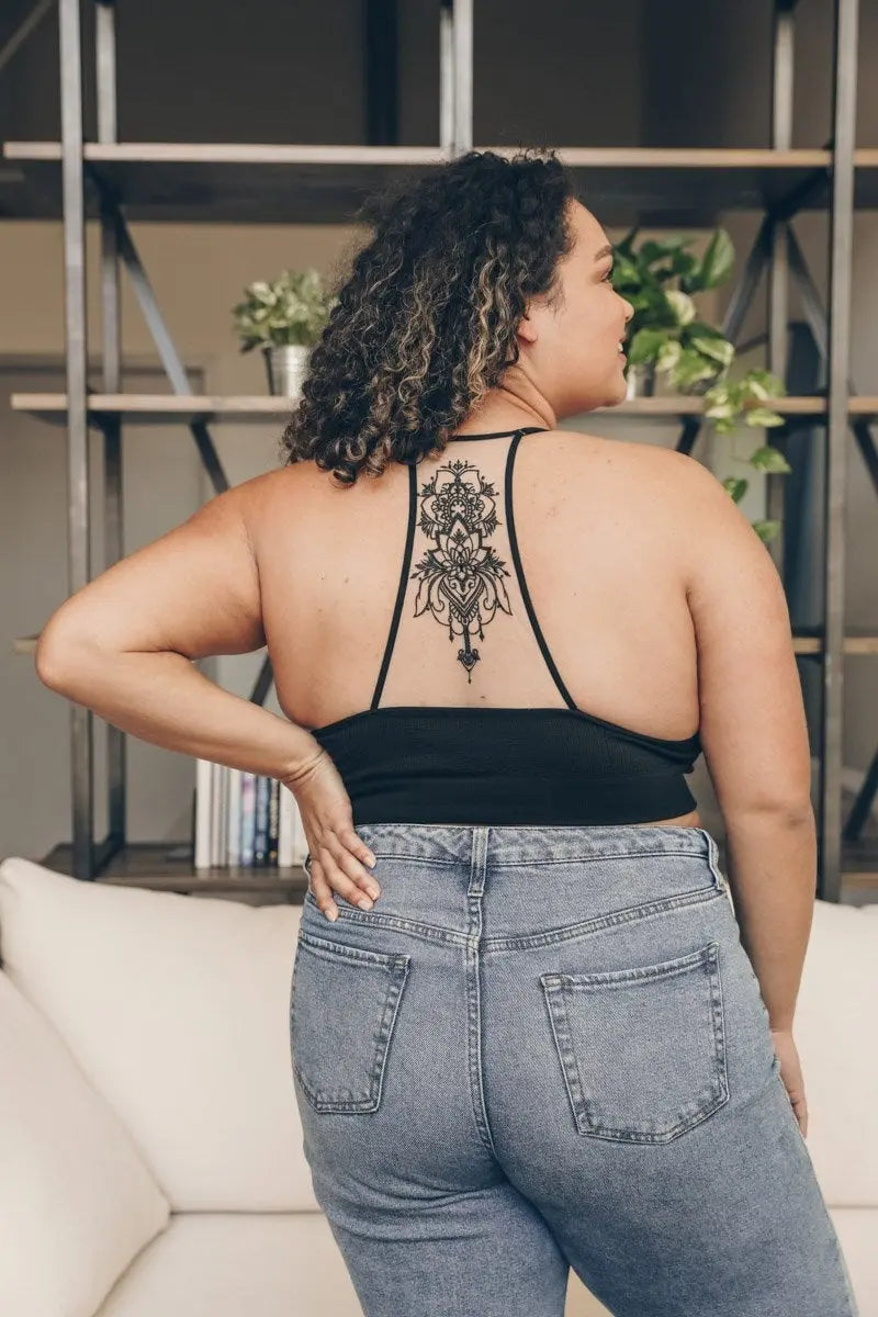 Tattoo Back Bralette – Embroidered Mesh Racerback Style