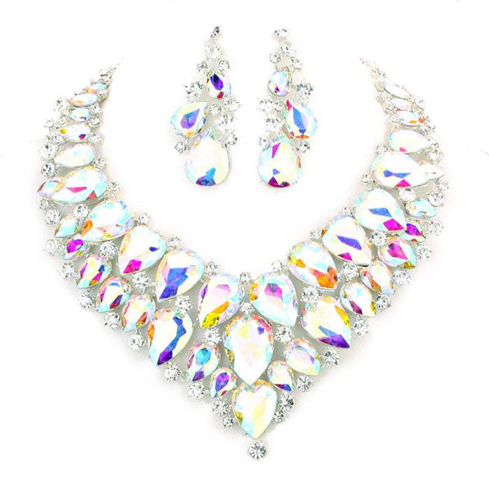 Teardrop Cluster Rhinestone Collar Necklace Earrings Set - Madeline Love - Flyclothing LLC