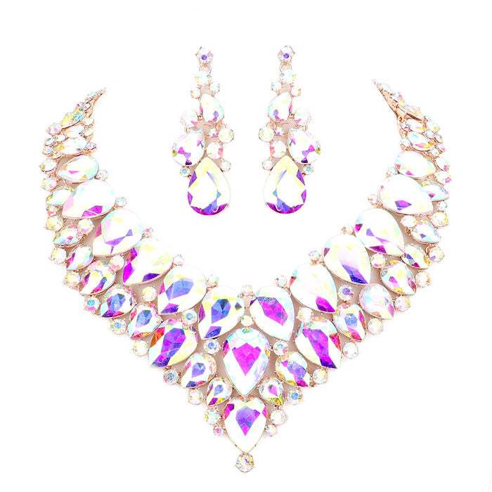 Teardrop Cluster Rhinestone Collar Necklace Earrings Set - Madeline Love - Flyclothing LLC