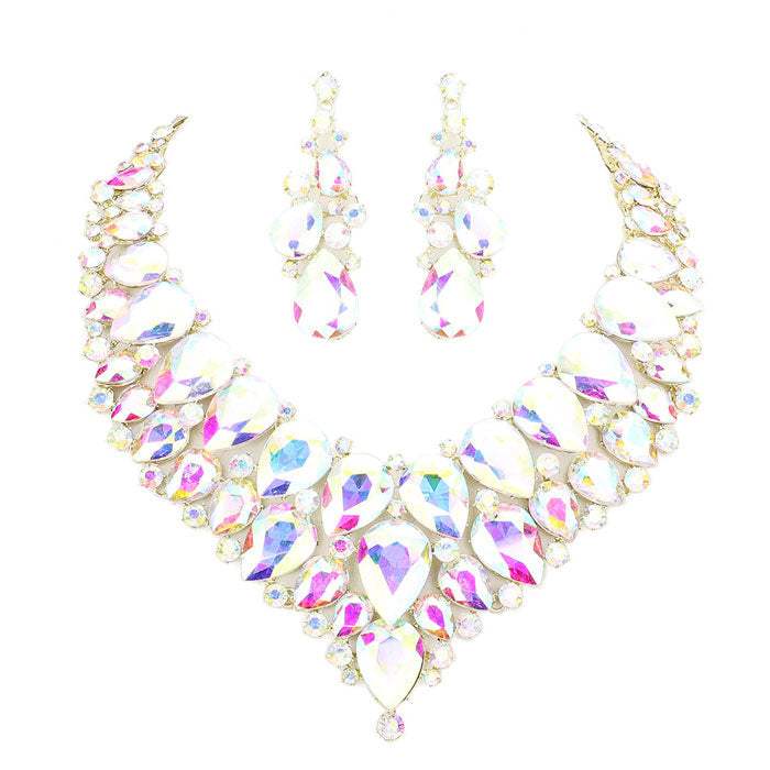 Teardrop Cluster Rhinestone Collar Necklace Earrings Set - Madeline Love - Flyclothing LLC