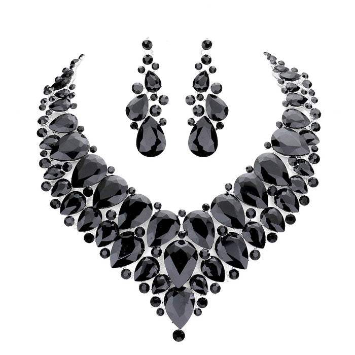 Teardrop Cluster Rhinestone Collar Necklace Earrings Set - Madeline Love - Flyclothing LLC