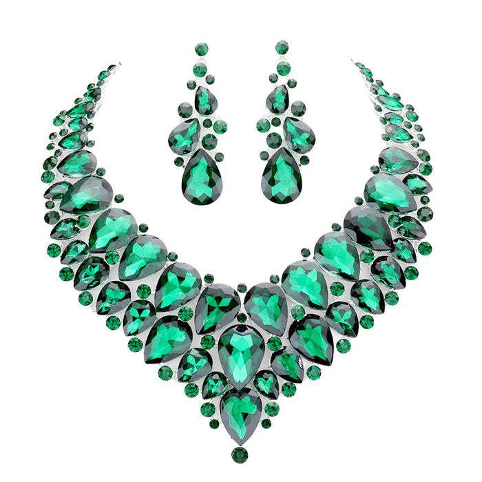 Teardrop Cluster Rhinestone Collar Necklace Earrings Set - Madeline Love - Flyclothing LLC