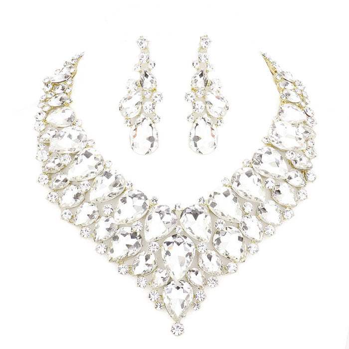 Teardrop Cluster Rhinestone Collar Necklace Earrings Set - Madeline Love - Flyclothing LLC