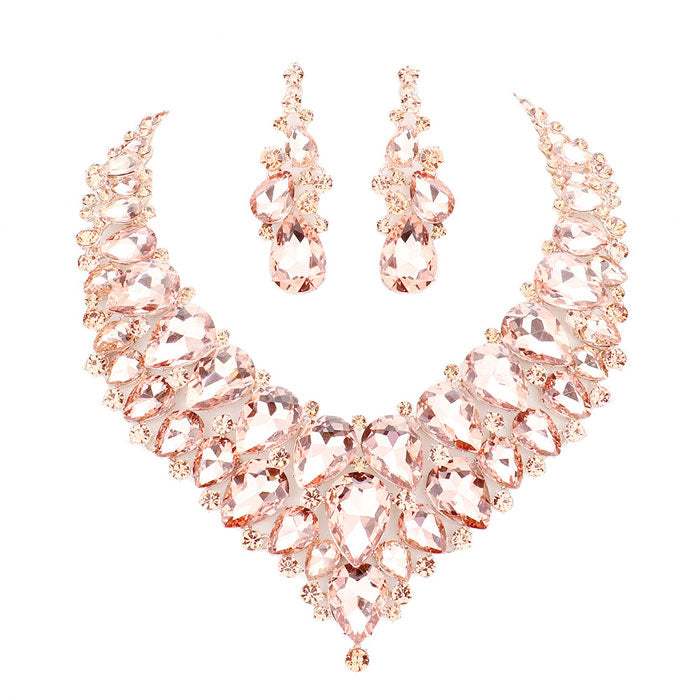 Teardrop Cluster Rhinestone Collar Necklace Earrings Set - Madeline Love - Flyclothing LLC