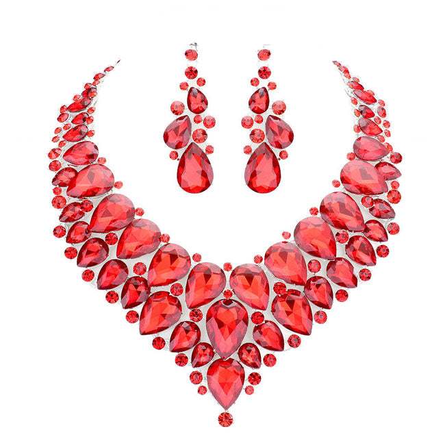Teardrop Cluster Rhinestone Collar Necklace Earrings Set - Madeline Love - Flyclothing LLC