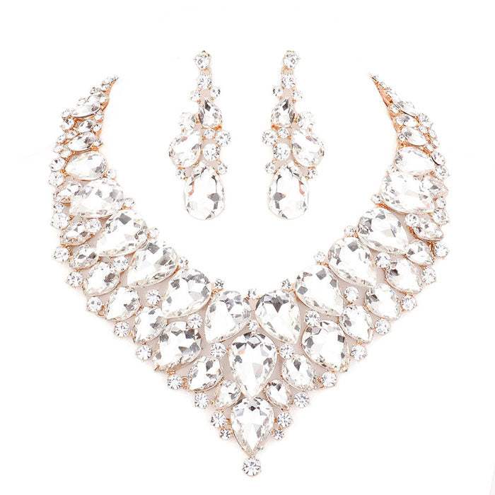 Teardrop Cluster Rhinestone Collar Necklace Earrings Set - Madeline Love - Flyclothing LLC
