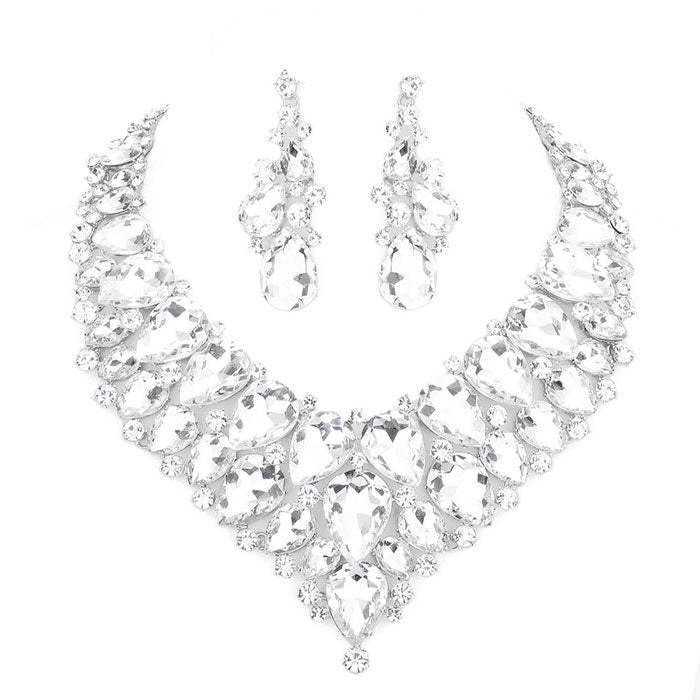 Teardrop Cluster Rhinestone Collar Necklace Earrings Set - Madeline Love - Flyclothing LLC