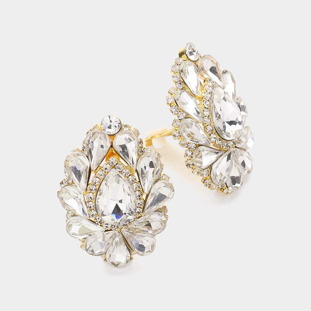 Teardrop Crystal Cluster Clip on Evening Earrings - Madeline Love - Flyclothing LLC