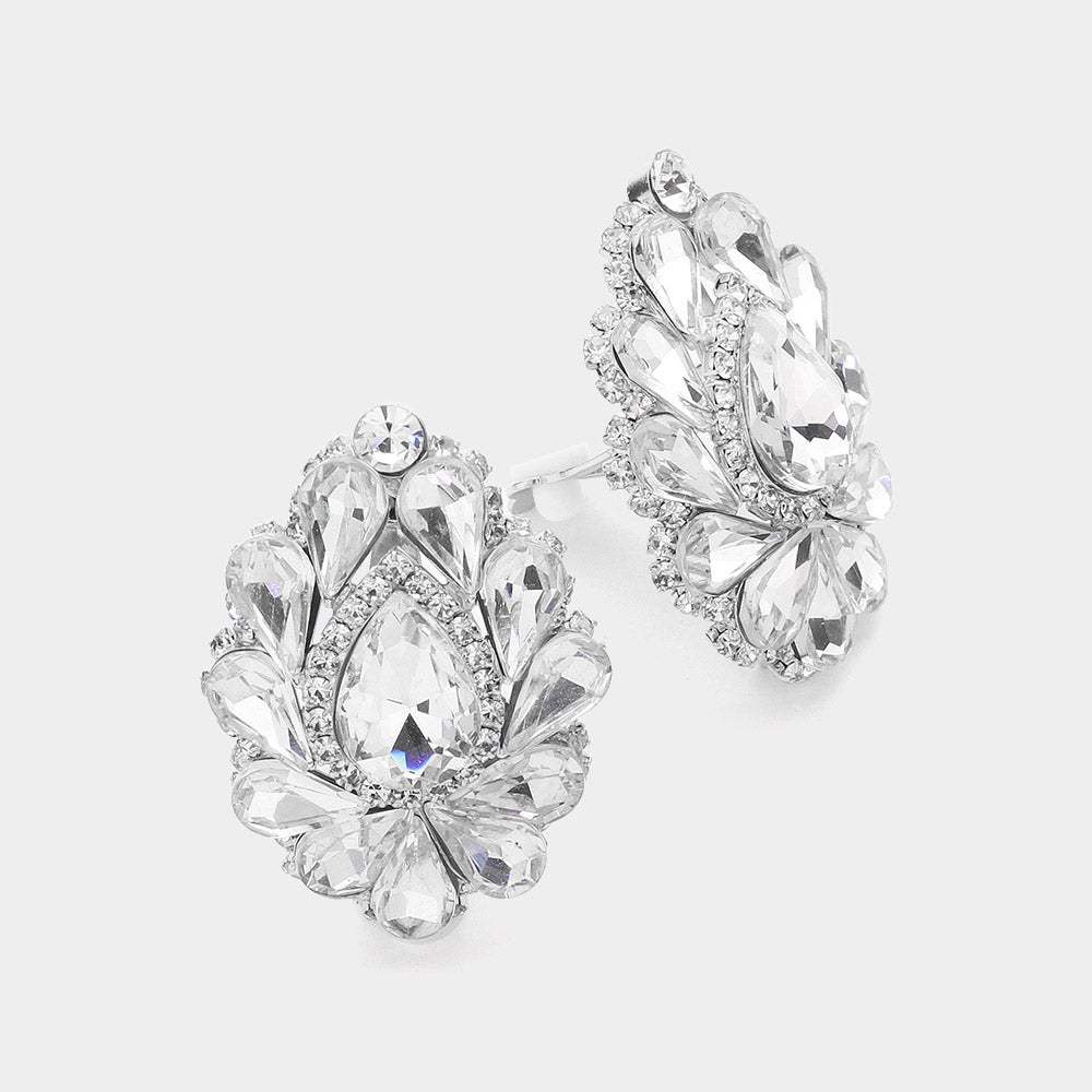 Teardrop Crystal Cluster Clip on Evening Earrings - Madeline Love - Flyclothing LLC