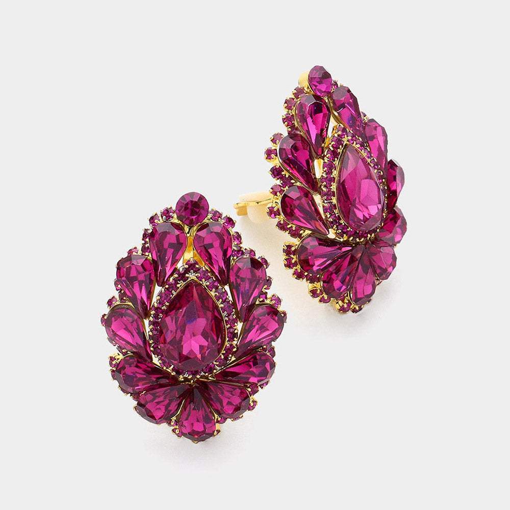 Teardrop Crystal Cluster Clip on Evening Earrings - Madeline Love - Flyclothing LLC