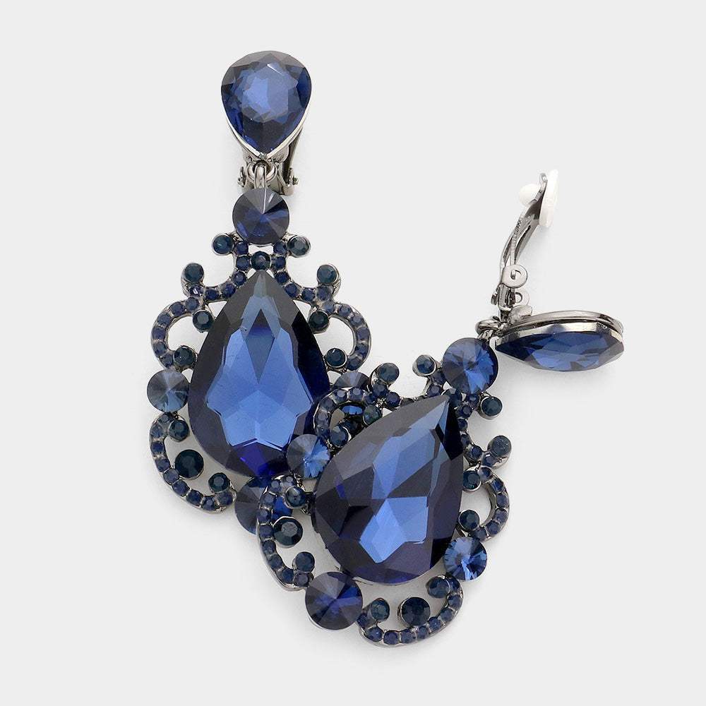 Teardrop Crystal Dangle Evening Clip on Earrings - Madeline Love - Flyclothing LLC