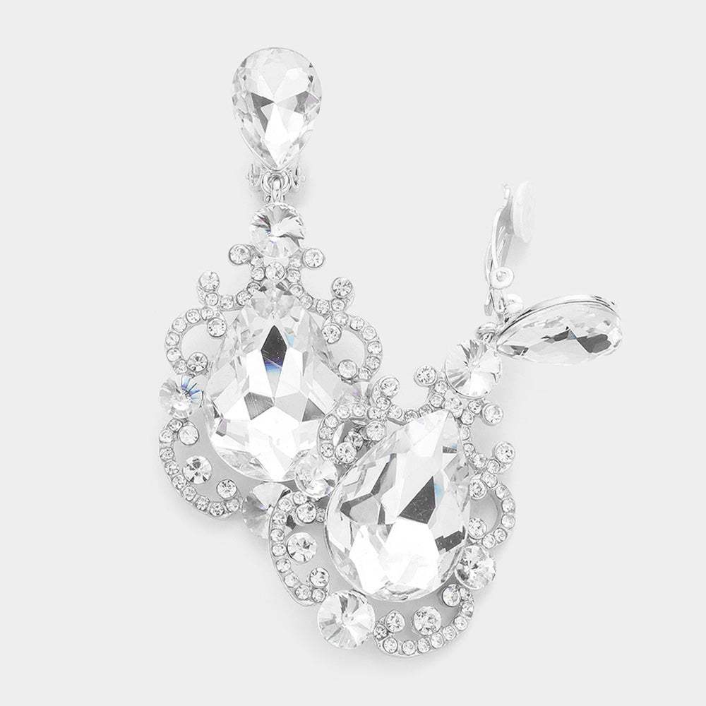 Teardrop Crystal Dangle Evening Clip on Earrings - Madeline Love - Flyclothing LLC