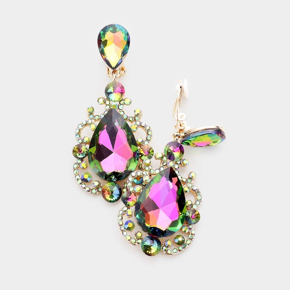 Teardrop Crystal Dangle Evening Clip on Earrings - Madeline Love - Flyclothing LLC