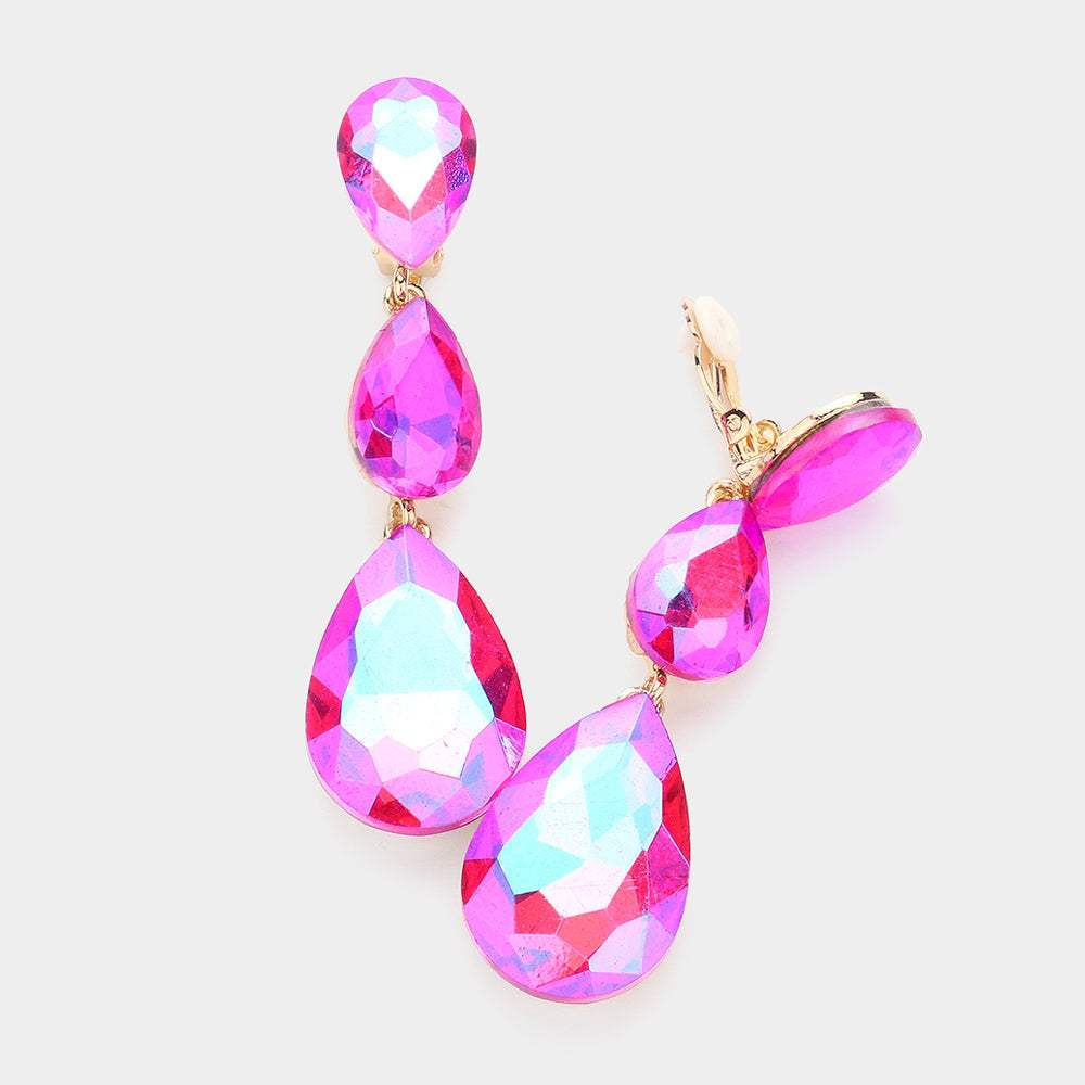 Teardrop Glass Crystal Drop Evening Clip On Earrings - Madeline Love - Flyclothing LLC