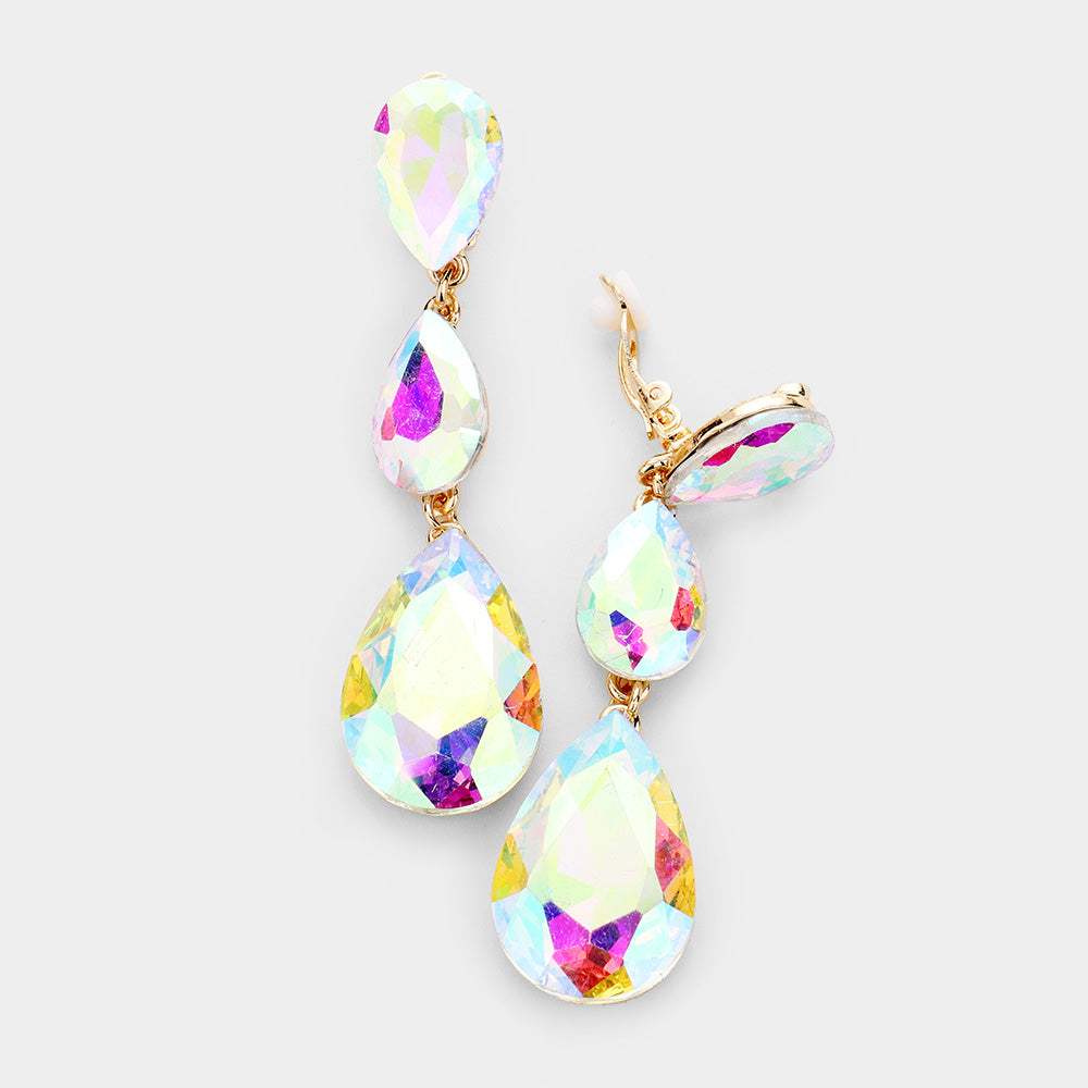 Teardrop Glass Crystal Drop Evening Clip On Earrings - Madeline Love - Flyclothing LLC