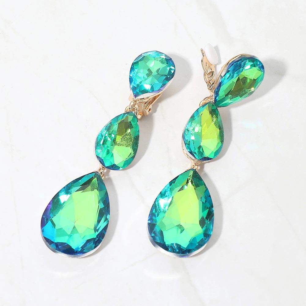 Teardrop Glass Crystal Drop Evening Clip On Earrings - Madeline Love - Flyclothing LLC