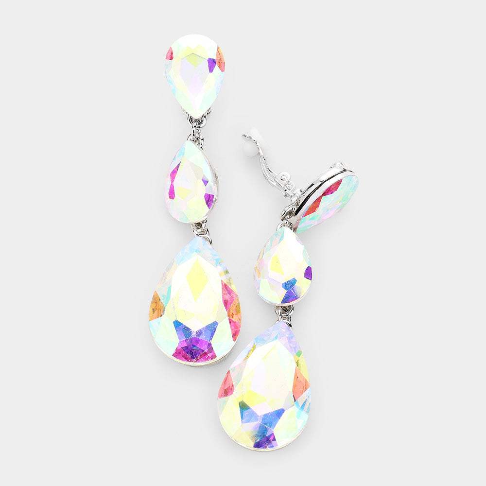 Teardrop Glass Crystal Drop Evening Clip On Earrings - Madeline Love - Flyclothing LLC