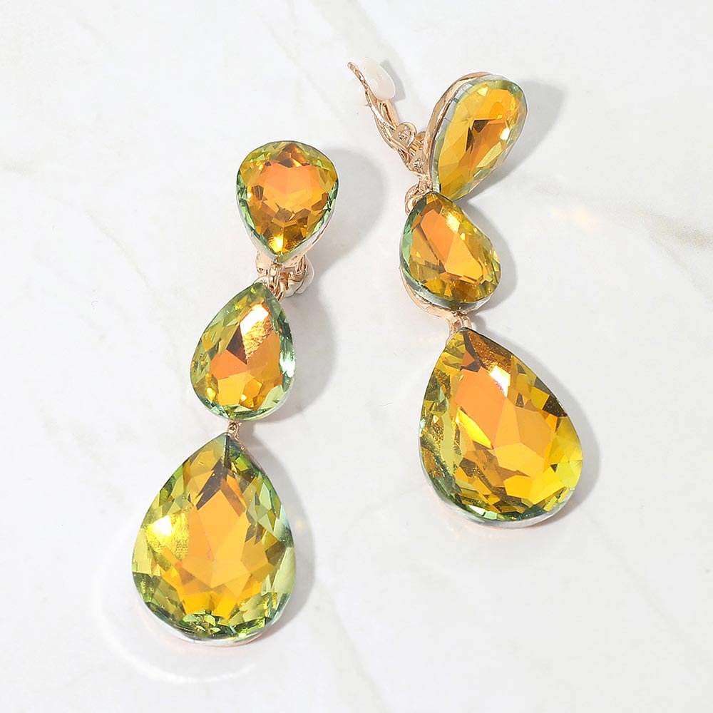 Teardrop Glass Crystal Drop Evening Clip On Earrings - Madeline Love - Flyclothing LLC