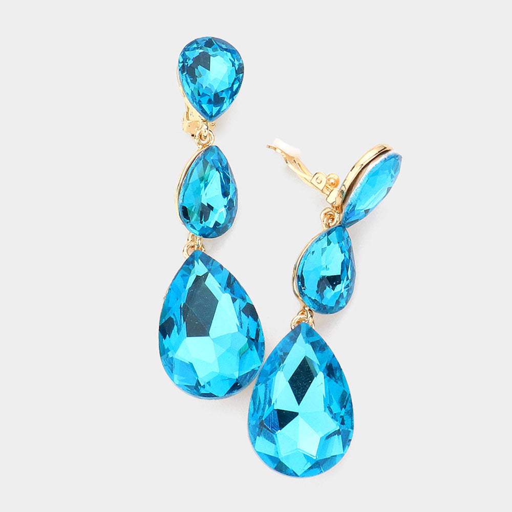 Teardrop Glass Crystal Drop Evening Clip On Earrings - Madeline Love - Flyclothing LLC