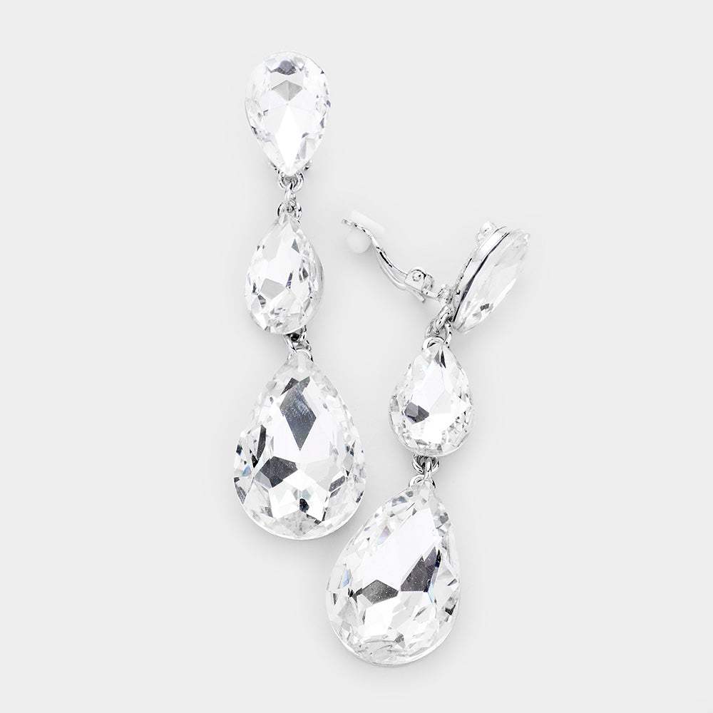 Teardrop Glass Crystal Drop Evening Clip On Earrings - Madeline Love - Flyclothing LLC