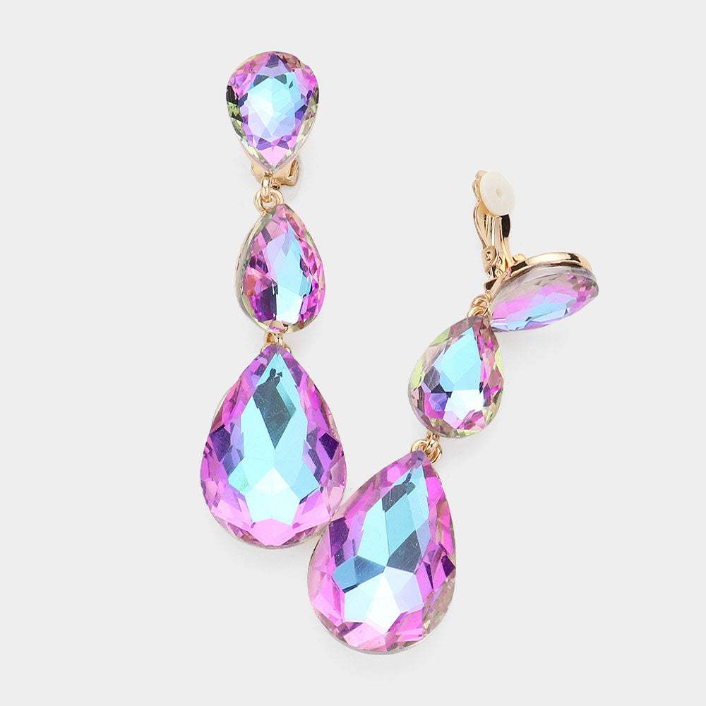 Teardrop Glass Crystal Drop Evening Clip On Earrings - Madeline Love - Flyclothing LLC