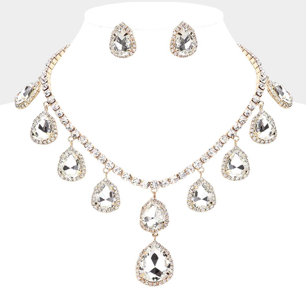 Teardrop Glass Stone Cluster Station Evening Necklace - Madeline Love - Flyclothing LLC