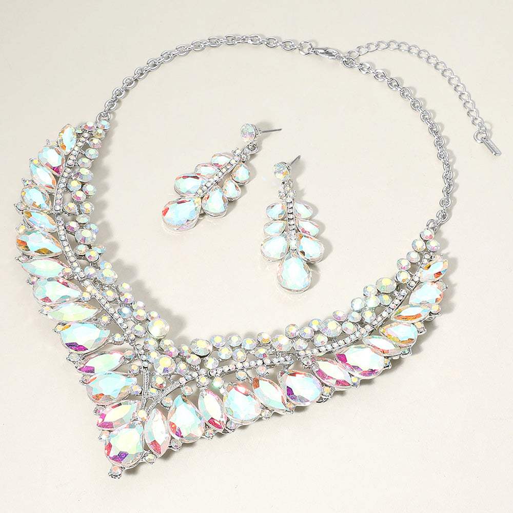 Teardrop Marquise Round Stone Embellished V Shaped Evening Necklace - Madeline Love - Flyclothing LLC