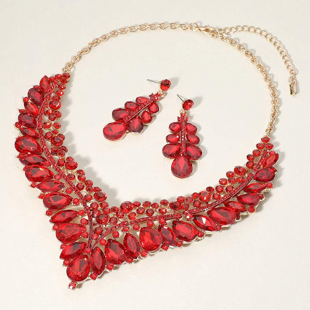 Teardrop Marquise Round Stone Embellished V Shaped Evening Necklace - Madeline Love - Flyclothing LLC