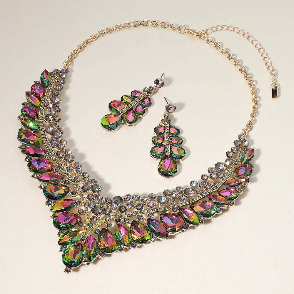 Teardrop Marquise Round Stone Embellished V Shaped Evening Necklace - Madeline Love - Flyclothing LLC