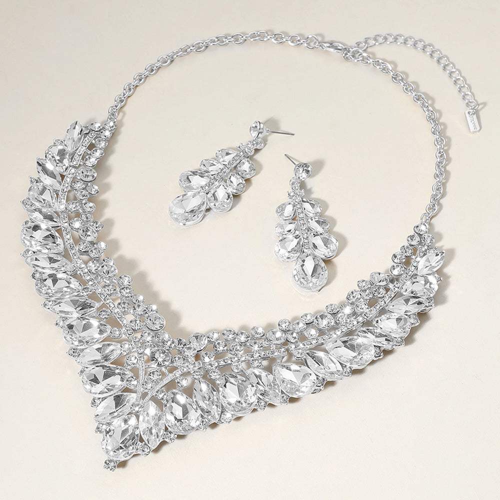 Teardrop Marquise Round Stone Embellished V Shaped Evening Necklace - Madeline Love - Flyclothing LLC
