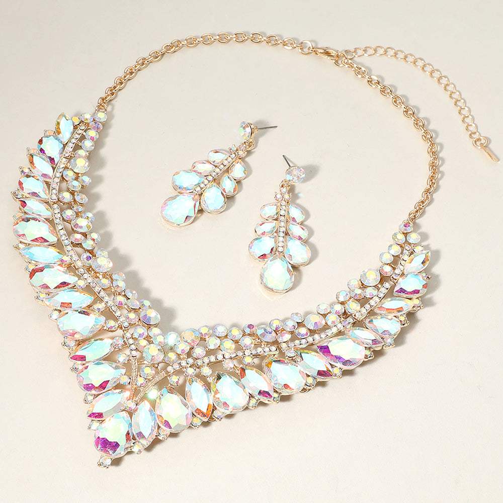 Teardrop Marquise Round Stone Embellished V Shaped Evening Necklace - Madeline Love - Flyclothing LLC