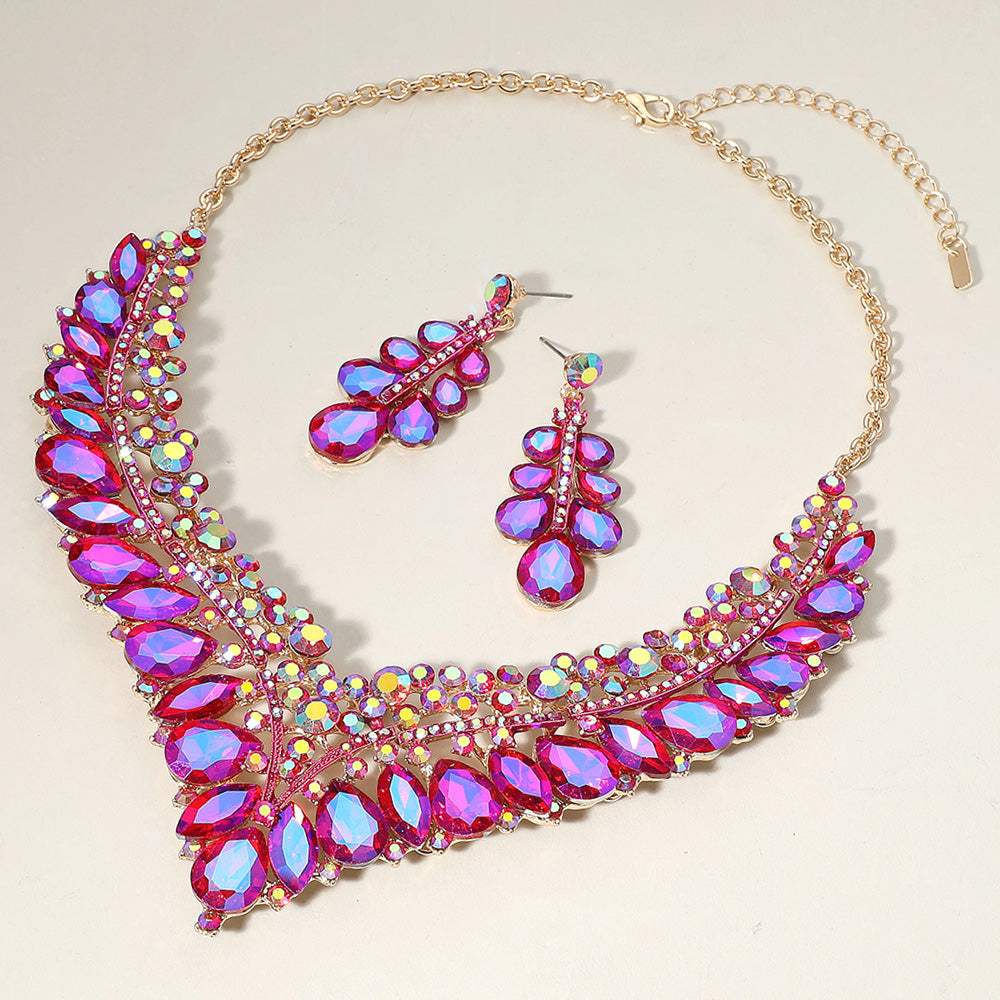 Teardrop Marquise Round Stone Embellished V Shaped Evening Necklace - Madeline Love - Flyclothing LLC