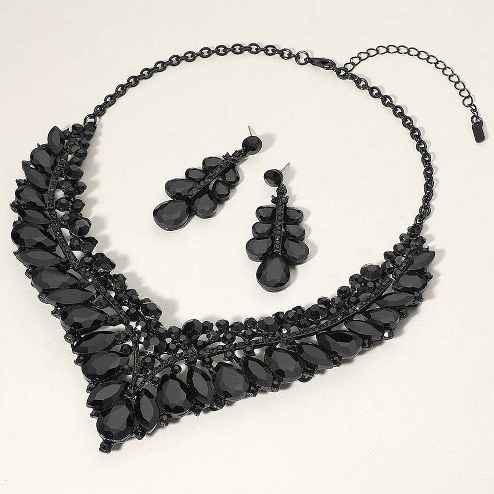 Teardrop Marquise Round Stone Embellished V Shaped Evening Necklace - Madeline Love - Flyclothing LLC
