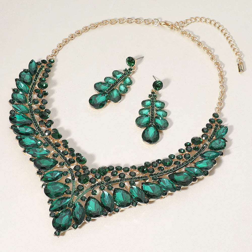 Teardrop Marquise Round Stone Embellished V Shaped Evening Necklace - Madeline Love - Flyclothing LLC