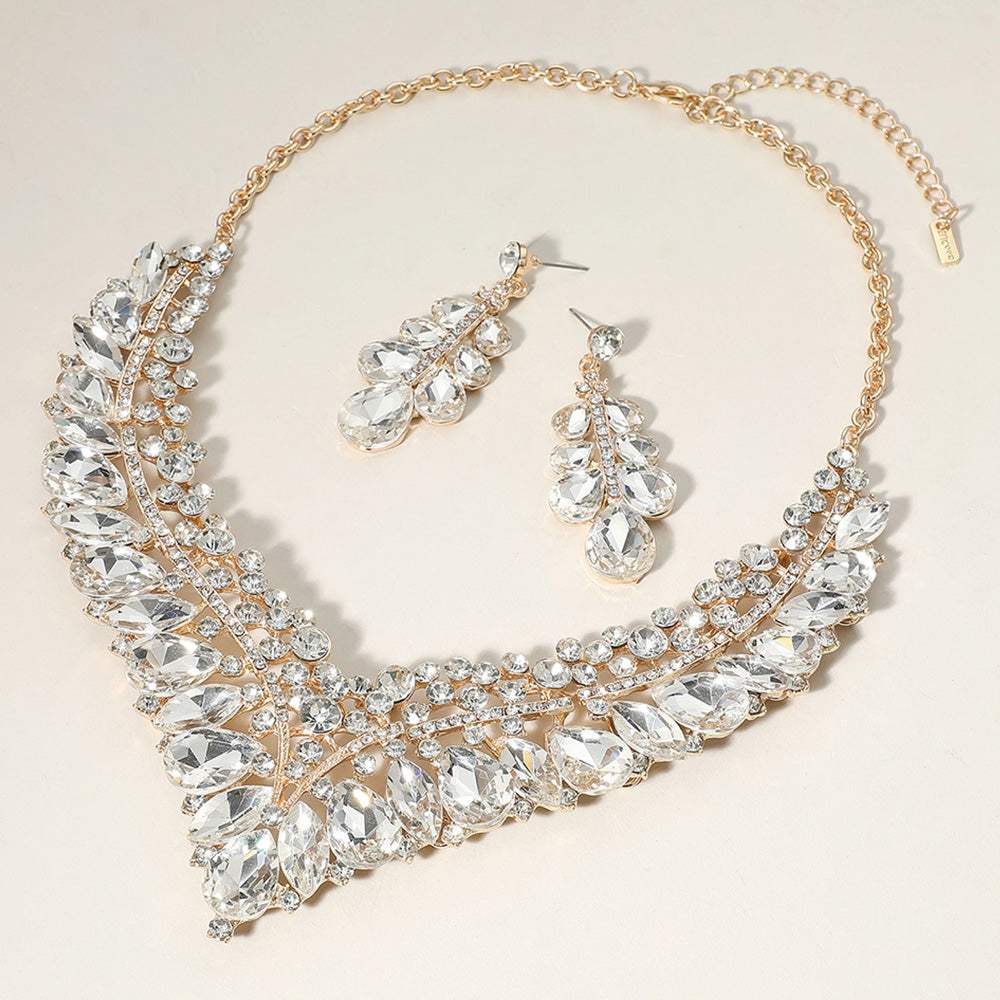 Teardrop Marquise Round Stone Embellished V Shaped Evening Necklace - Madeline Love - Flyclothing LLC