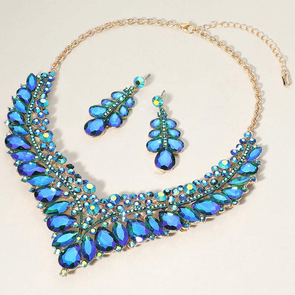 Teardrop Marquise Round Stone Embellished V Shaped Evening Necklace - Madeline Love - Flyclothing LLC