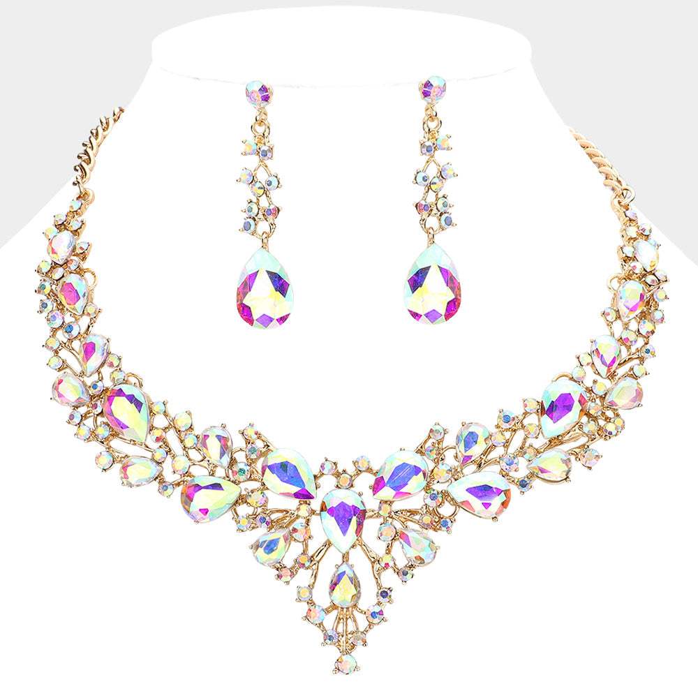 Teardrop Round Stone Cluster Evening Necklace - Madeline Love - Flyclothing LLC