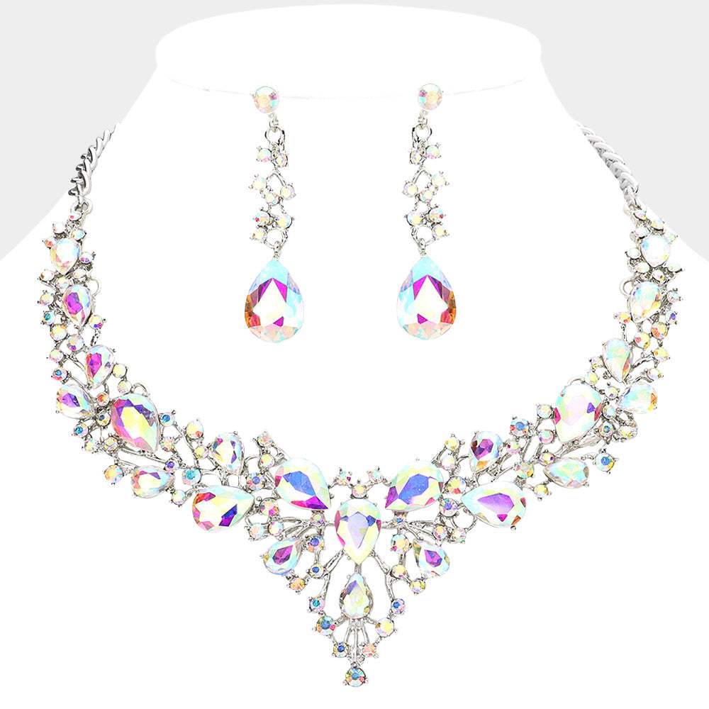 Teardrop Round Stone Cluster Evening Necklace - Madeline Love - Flyclothing LLC