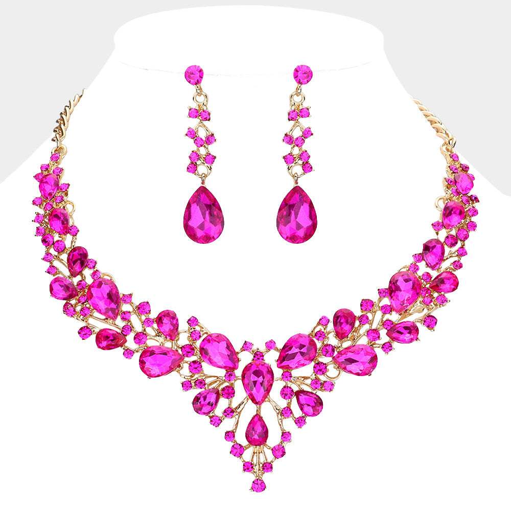Teardrop Round Stone Cluster Evening Necklace - Madeline Love - Flyclothing LLC