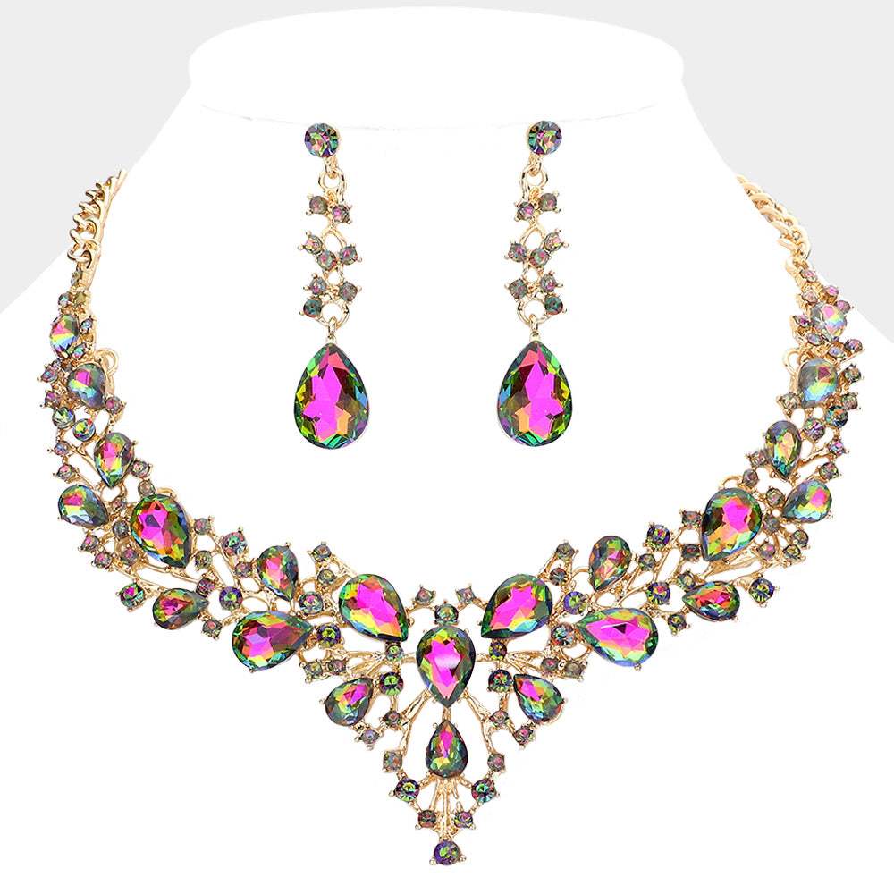 Teardrop Round Stone Cluster Evening Necklace - Madeline Love - Flyclothing LLC