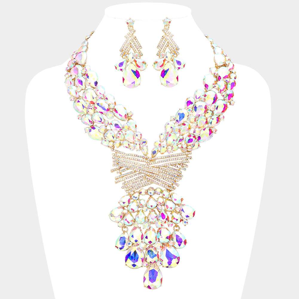 Teardrop Round Stone Embellished Statement Evening Necklace - Madeline Love - Flyclothing LLC