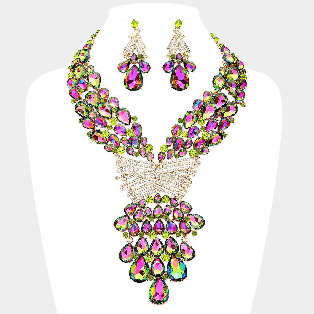 Teardrop Round Stone Embellished Statement Evening Necklace - Madeline Love - Flyclothing LLC