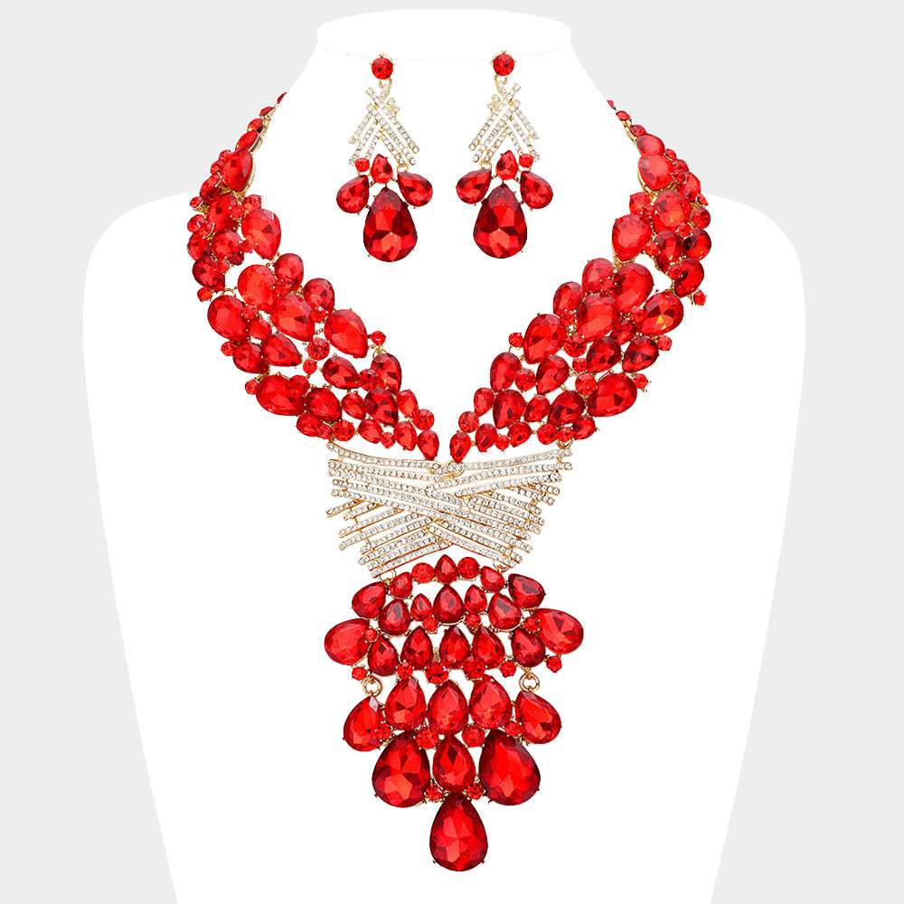 Teardrop Round Stone Embellished Statement Evening Necklace - Madeline Love - Flyclothing LLC