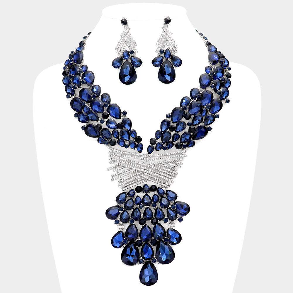 Teardrop Round Stone Embellished Statement Evening Necklace - Madeline Love - Flyclothing LLC