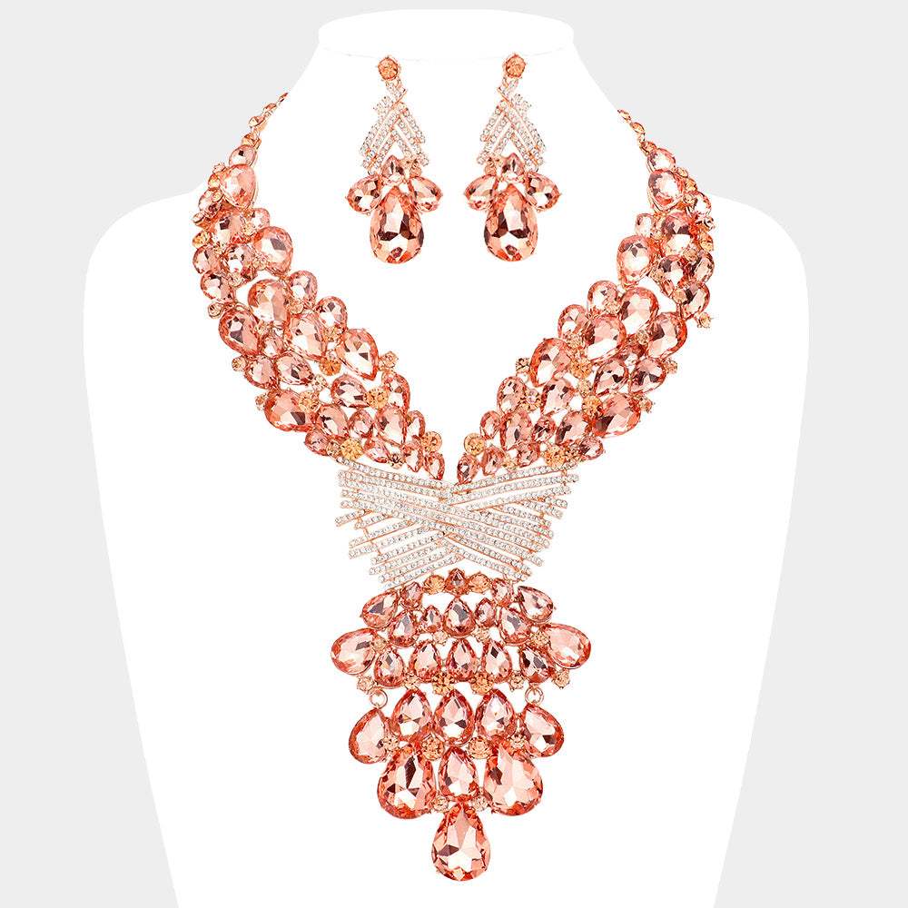 Teardrop Round Stone Embellished Statement Evening Necklace - Madeline Love - Flyclothing LLC