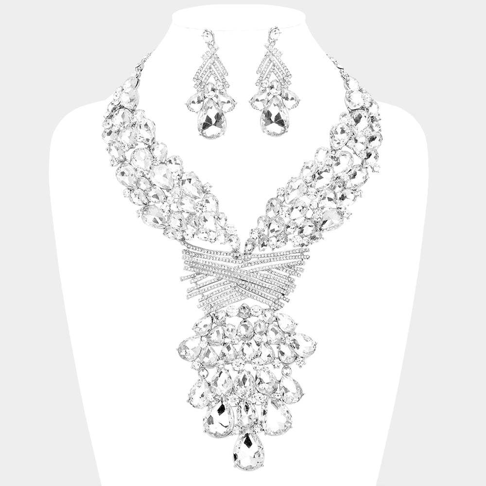 Teardrop Round Stone Embellished Statement Evening Necklace - Madeline Love - Flyclothing LLC