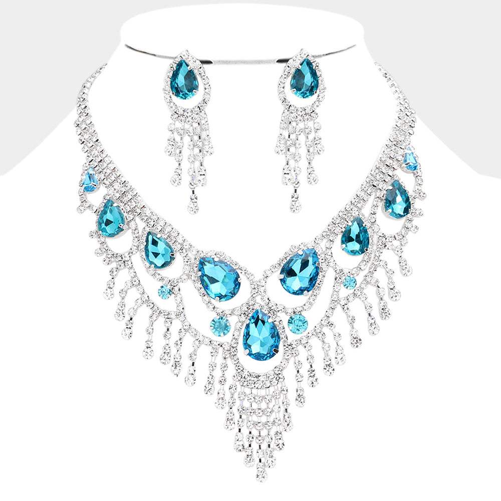 Teardrop Stone Accented Fringe Evening Necklace - Madeline Love - Flyclothing LLC