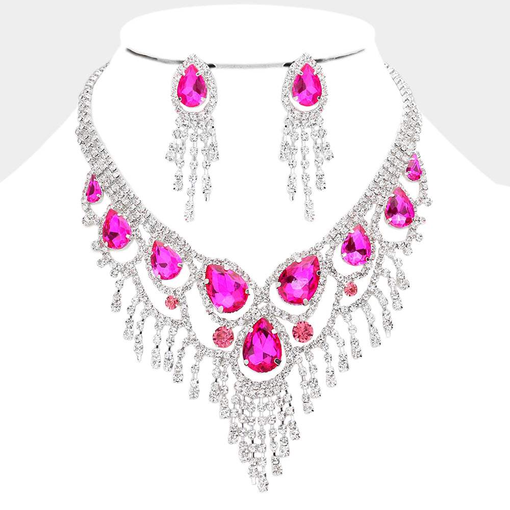 Teardrop Stone Accented Fringe Evening Necklace - Madeline Love - Flyclothing LLC